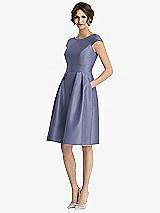 Front View Thumbnail - French Blue Cap Sleeve Pleated Cocktail Dress with Pockets