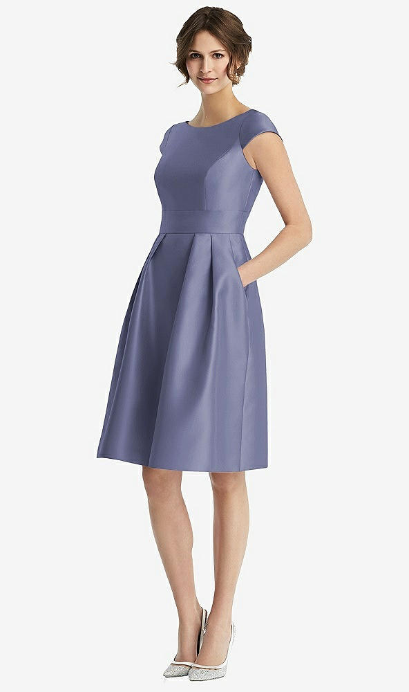 Front View - French Blue Cap Sleeve Pleated Cocktail Dress with Pockets