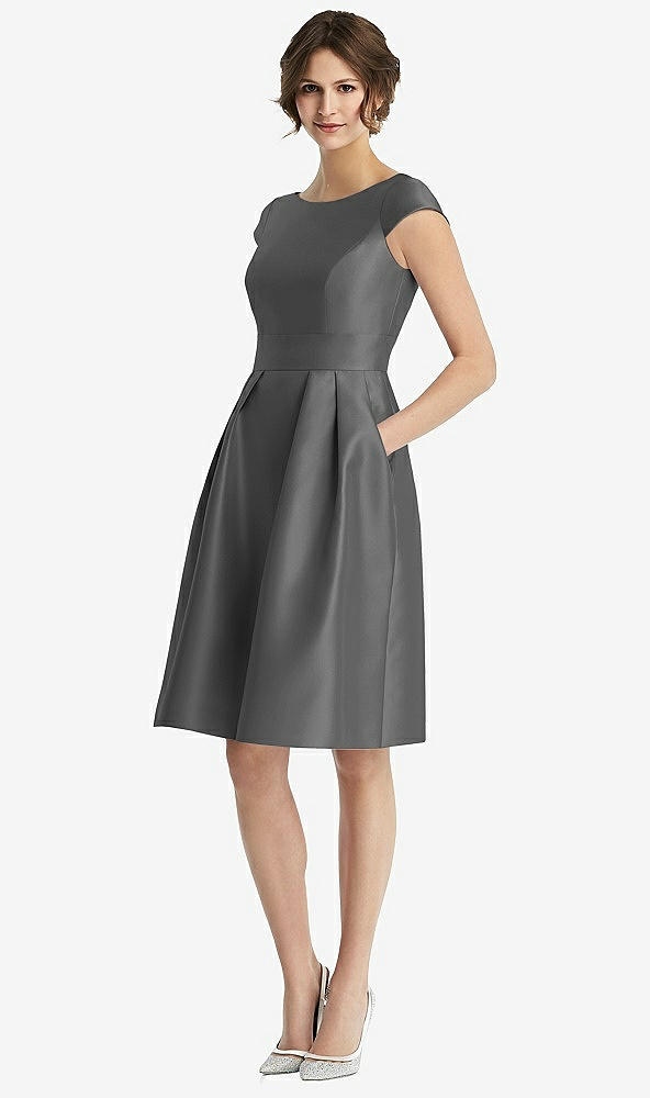 Front View - Gunmetal Cap Sleeve Pleated Cocktail Dress with Pockets