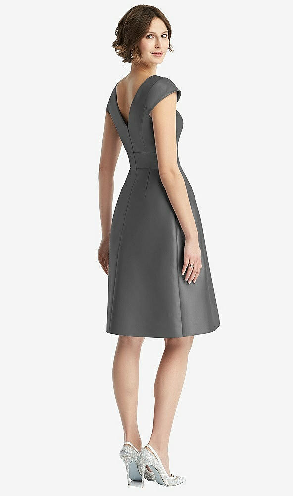 Back View - Gunmetal Cap Sleeve Pleated Cocktail Dress with Pockets