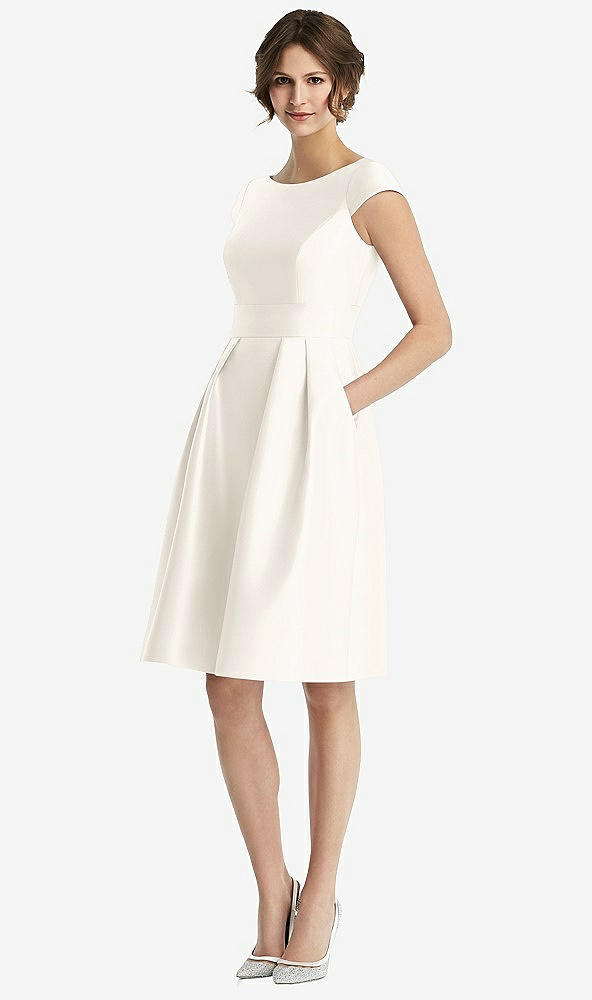 Front View - Ivory Cap Sleeve Pleated Cocktail Dress with Pockets