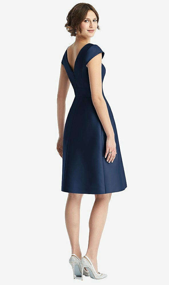 Back View - Midnight Navy Cap Sleeve Pleated Cocktail Dress with Pockets