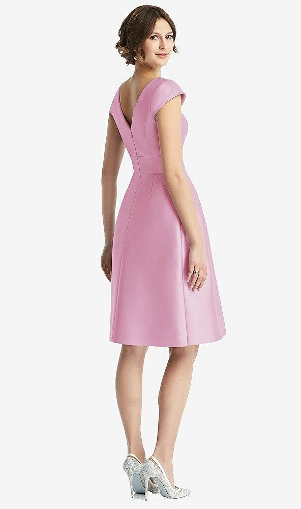 Back View - Powder Pink Cap Sleeve Pleated Cocktail Dress with Pockets