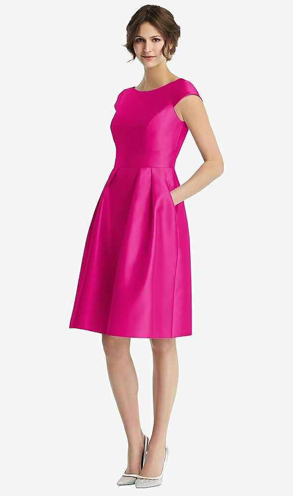 Front View - Think Pink Cap Sleeve Pleated Cocktail Dress with Pockets
