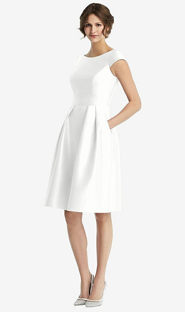 Front View - White Cap Sleeve Pleated Cocktail Dress with Pockets