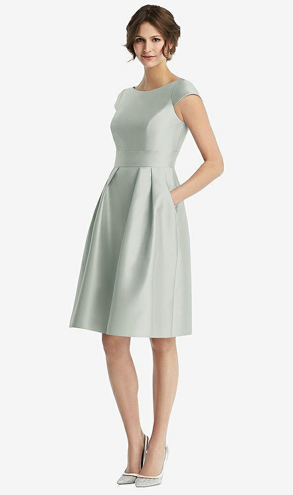 Front View - Willow Green Cap Sleeve Pleated Cocktail Dress with Pockets