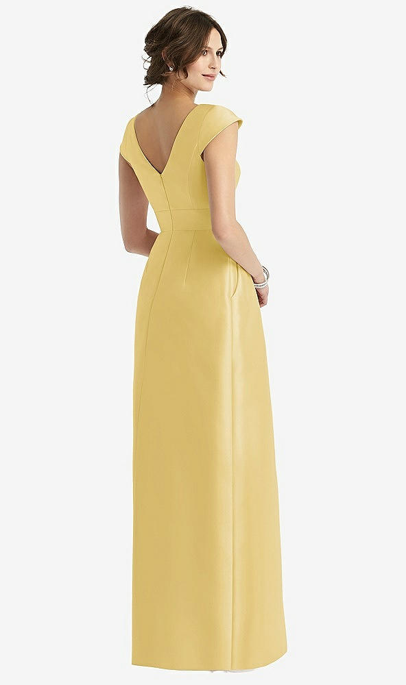 Back View - Maize Cap Sleeve Pleated Skirt Dress with Pockets