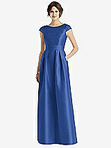 Front View Thumbnail - Classic Blue Cap Sleeve Pleated Skirt Dress with Pockets