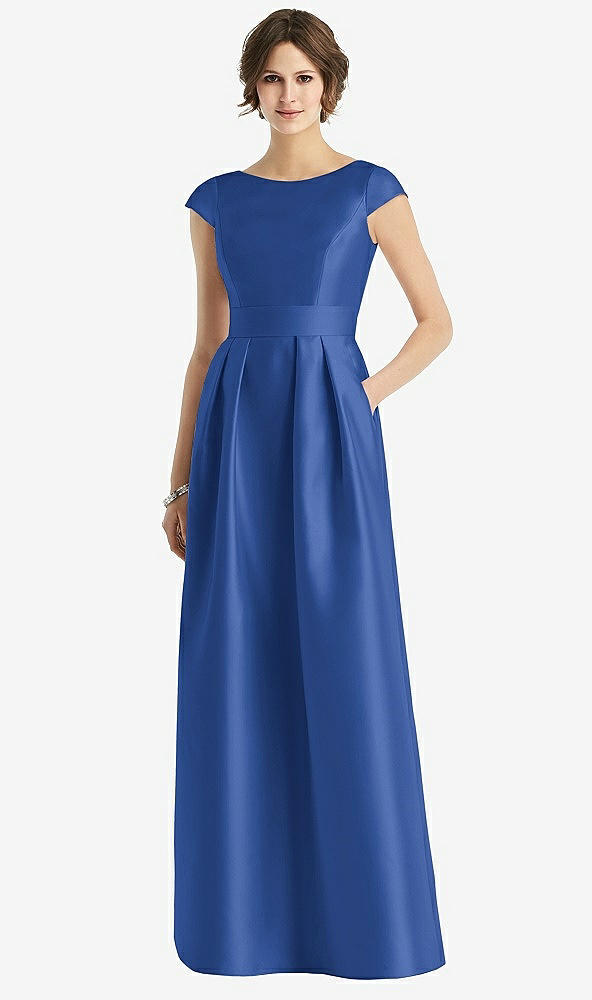 Front View - Classic Blue Cap Sleeve Pleated Skirt Dress with Pockets