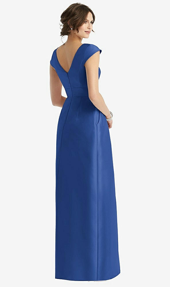 Back View - Classic Blue Cap Sleeve Pleated Skirt Dress with Pockets