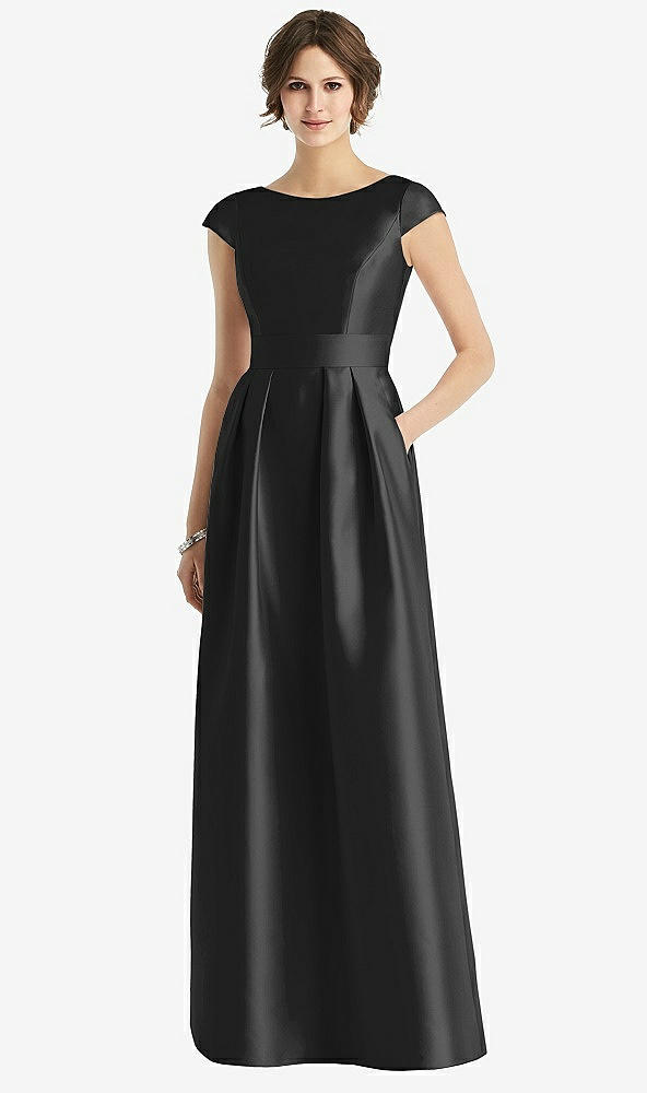Front View - Black Cap Sleeve Pleated Skirt Dress with Pockets
