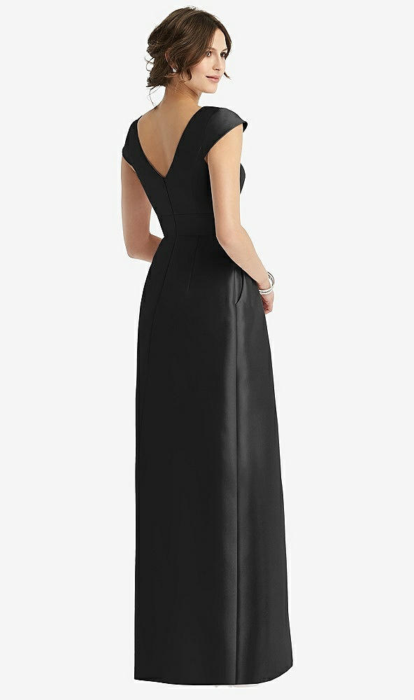 Back View - Black Cap Sleeve Pleated Skirt Dress with Pockets