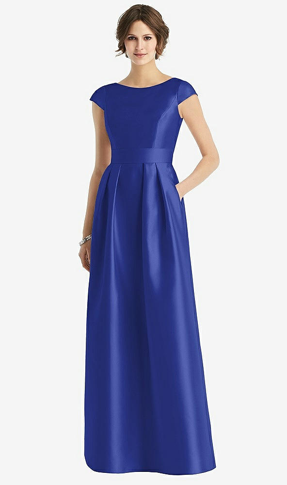 Front View - Cobalt Blue Cap Sleeve Pleated Skirt Dress with Pockets