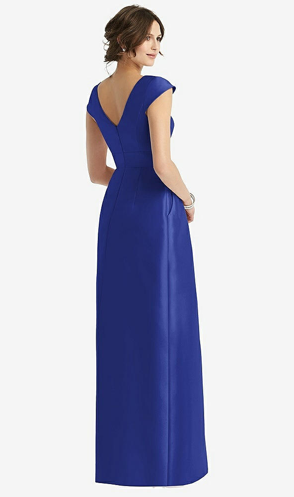 Back View - Cobalt Blue Cap Sleeve Pleated Skirt Dress with Pockets