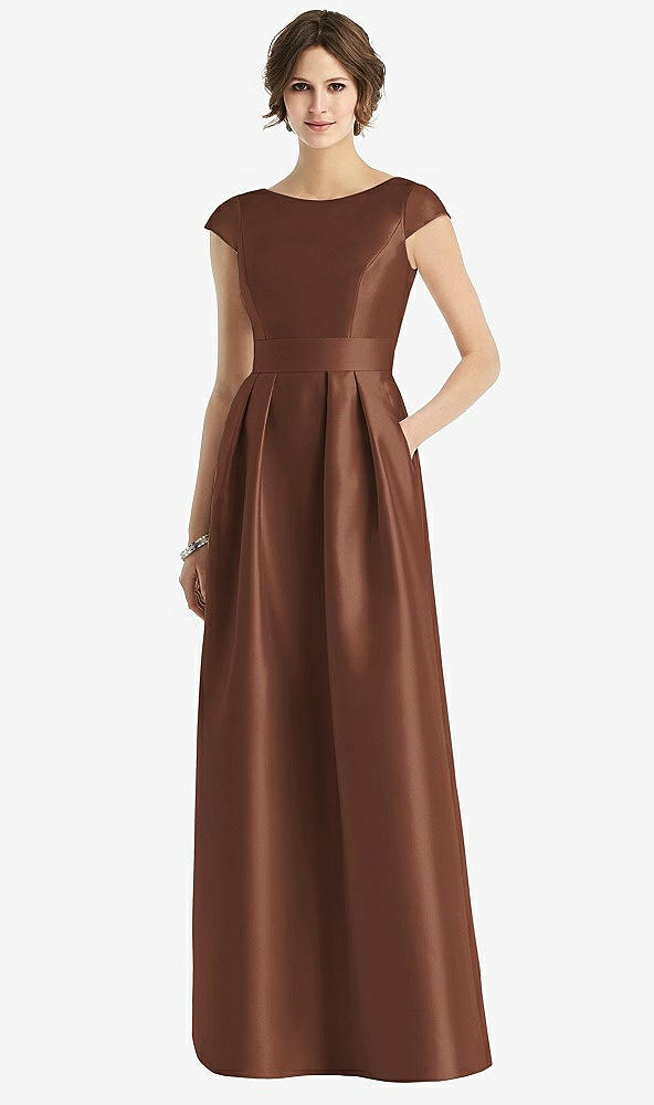 Front View - Cognac Cap Sleeve Pleated Skirt Dress with Pockets