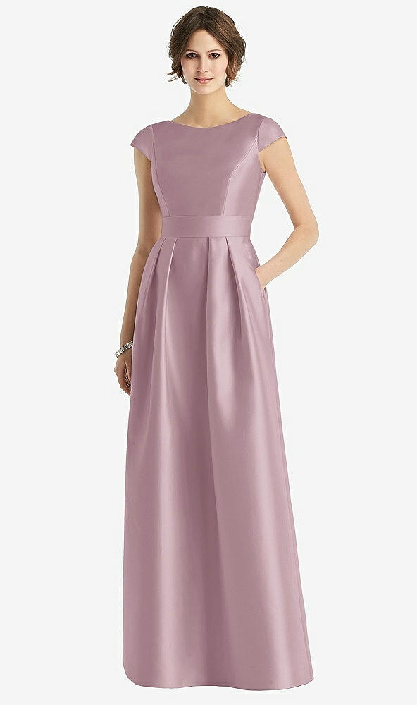 Front View - Dusty Rose Cap Sleeve Pleated Skirt Dress with Pockets