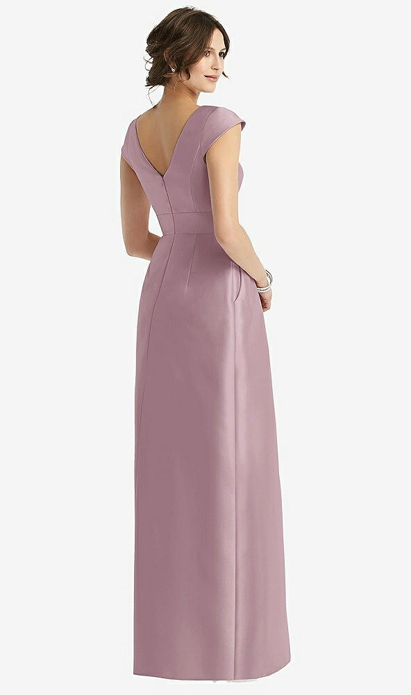 Back View - Dusty Rose Cap Sleeve Pleated Skirt Dress with Pockets
