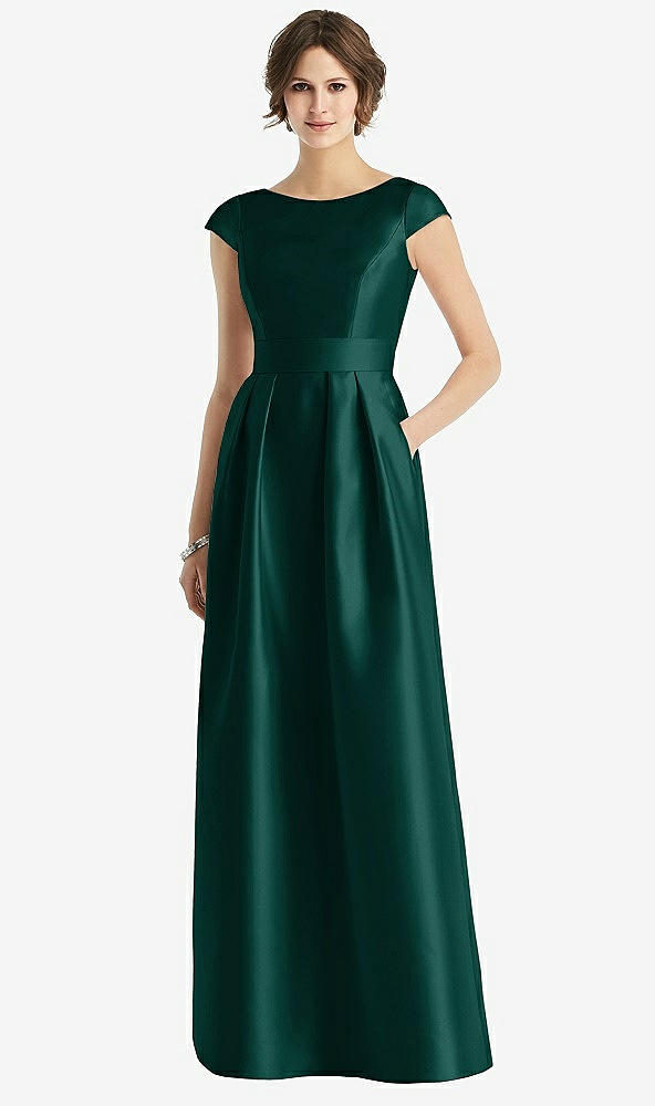 Front View - Evergreen Cap Sleeve Pleated Skirt Dress with Pockets