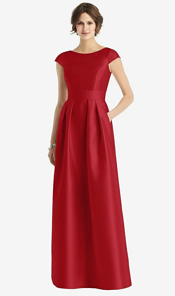 Front View - Garnet Cap Sleeve Pleated Skirt Dress with Pockets