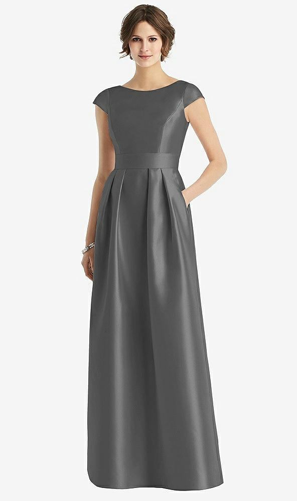 Front View - Gunmetal Cap Sleeve Pleated Skirt Dress with Pockets