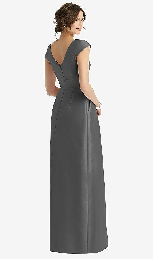Back View - Gunmetal Cap Sleeve Pleated Skirt Dress with Pockets