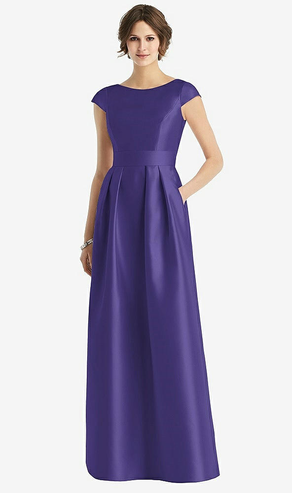 Front View - Grape Cap Sleeve Pleated Skirt Dress with Pockets