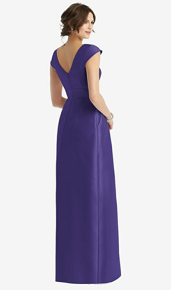 Back View - Grape Cap Sleeve Pleated Skirt Dress with Pockets