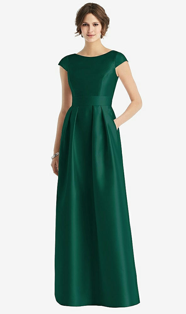 Front View - Hunter Green Cap Sleeve Pleated Skirt Dress with Pockets