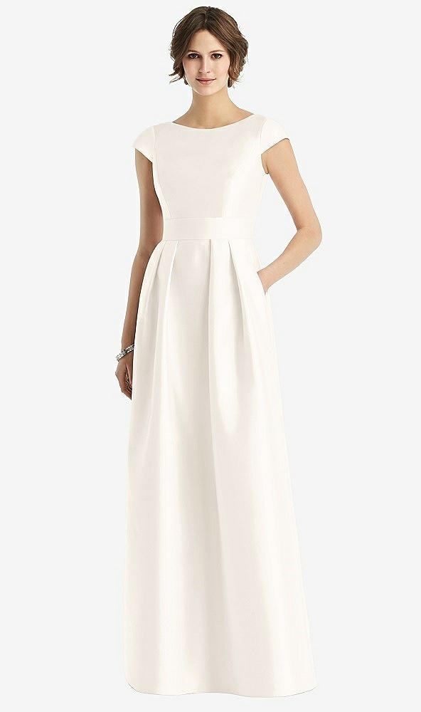 Front View - Ivory Cap Sleeve Pleated Skirt Dress with Pockets