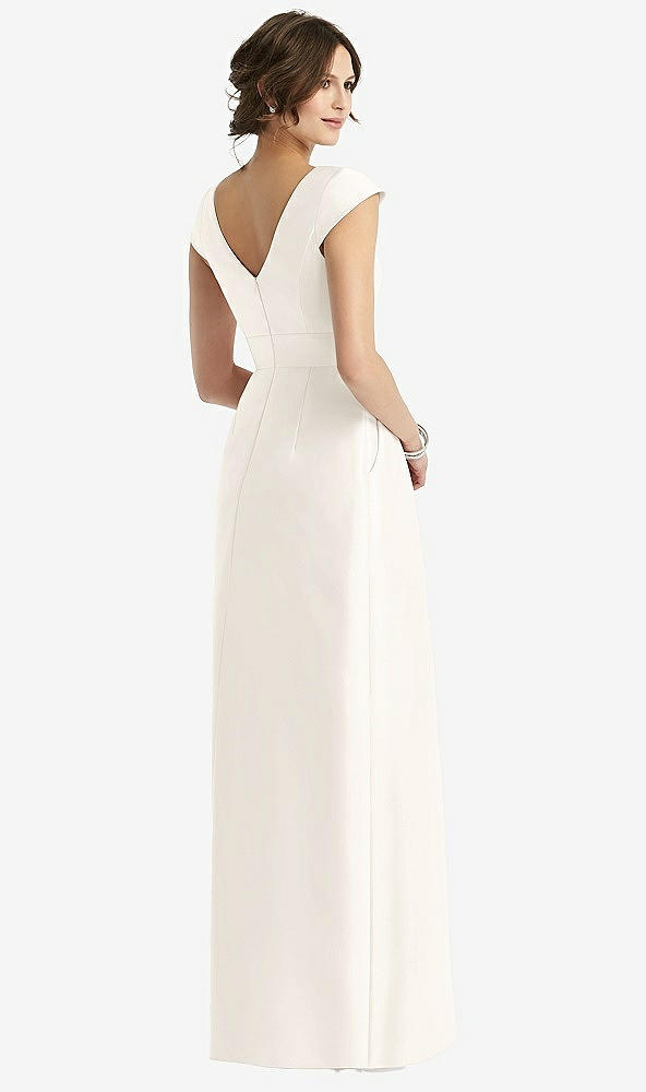 Back View - Ivory Cap Sleeve Pleated Skirt Dress with Pockets