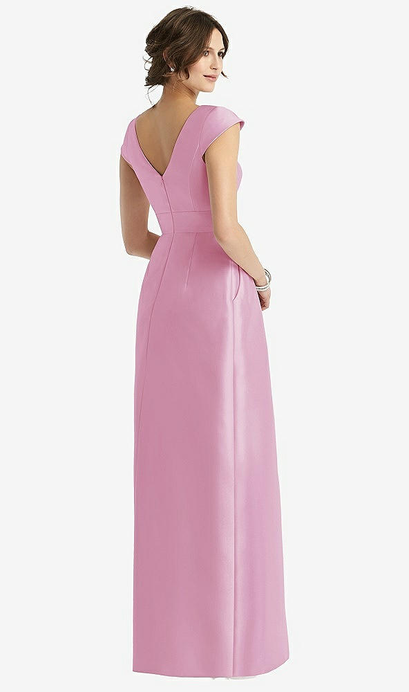 Back View - Powder Pink Cap Sleeve Pleated Skirt Dress with Pockets