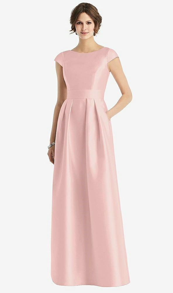 Front View - Rose - PANTONE Rose Quartz Cap Sleeve Pleated Skirt Dress with Pockets