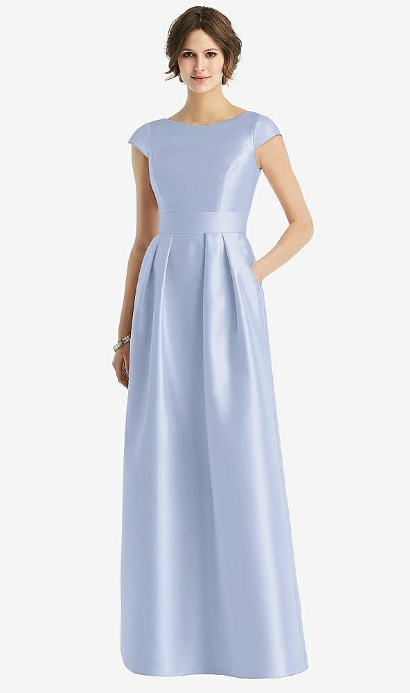 Front View - Sky Blue Cap Sleeve Pleated Skirt Dress with Pockets