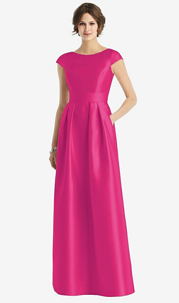 Front View - Think Pink Cap Sleeve Pleated Skirt Dress with Pockets