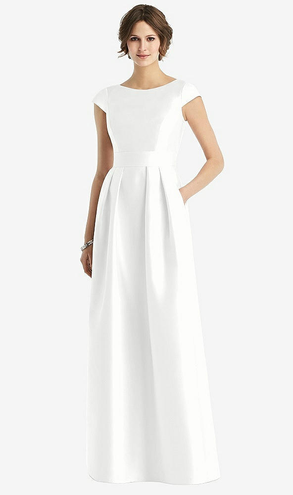 Front View - White Cap Sleeve Pleated Skirt Dress with Pockets