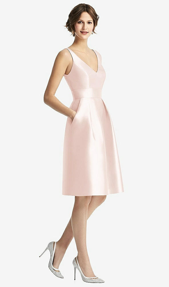 Front View - Blush V-Neck Pleated Skirt Cocktail Dress with Pockets