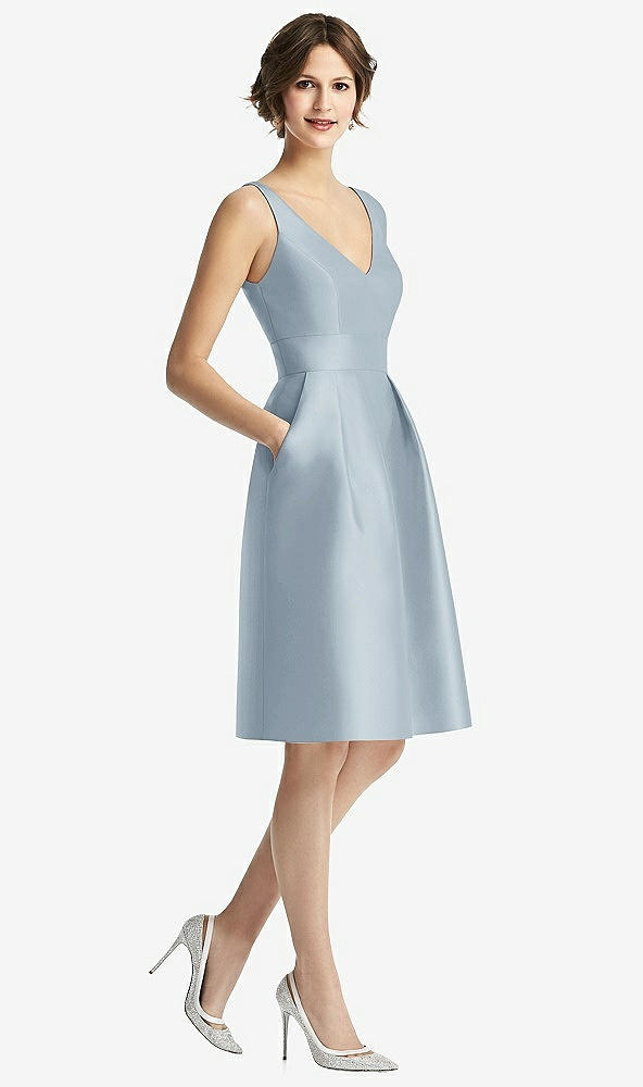 Front View - Mist V-Neck Pleated Skirt Cocktail Dress with Pockets
