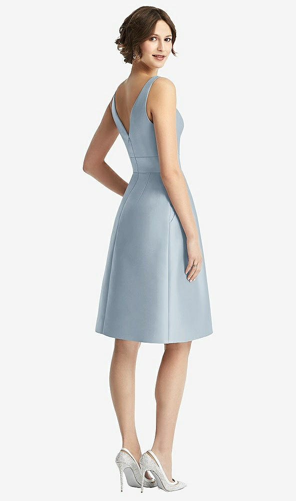 Back View - Mist V-Neck Pleated Skirt Cocktail Dress with Pockets