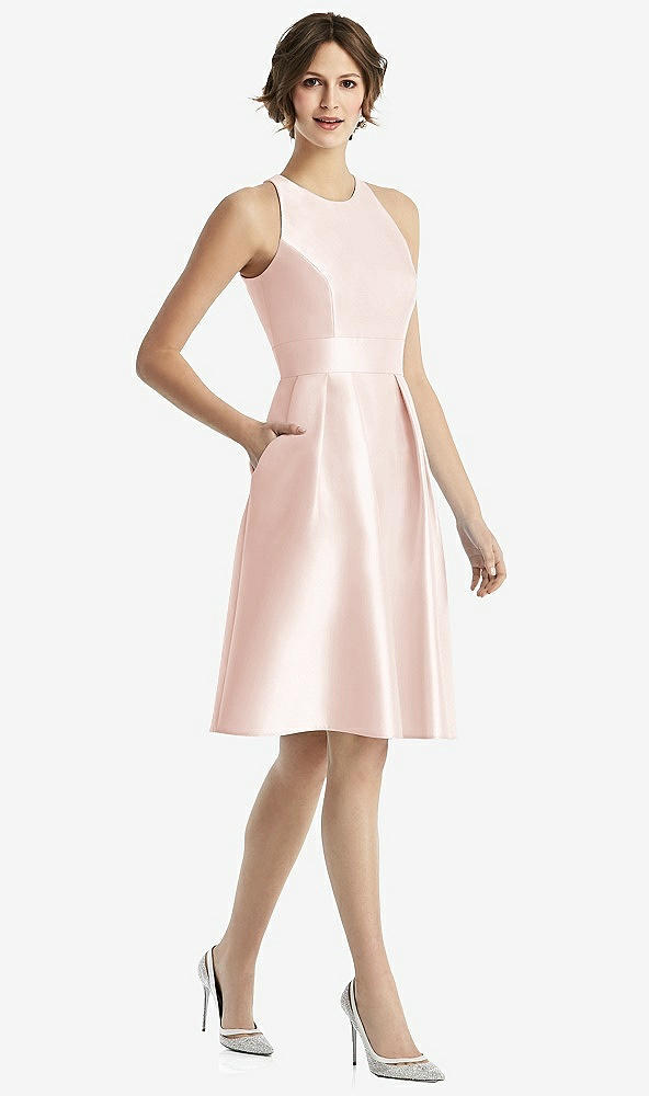 Front View - Blush High-Neck Satin Cocktail Dress with Pockets