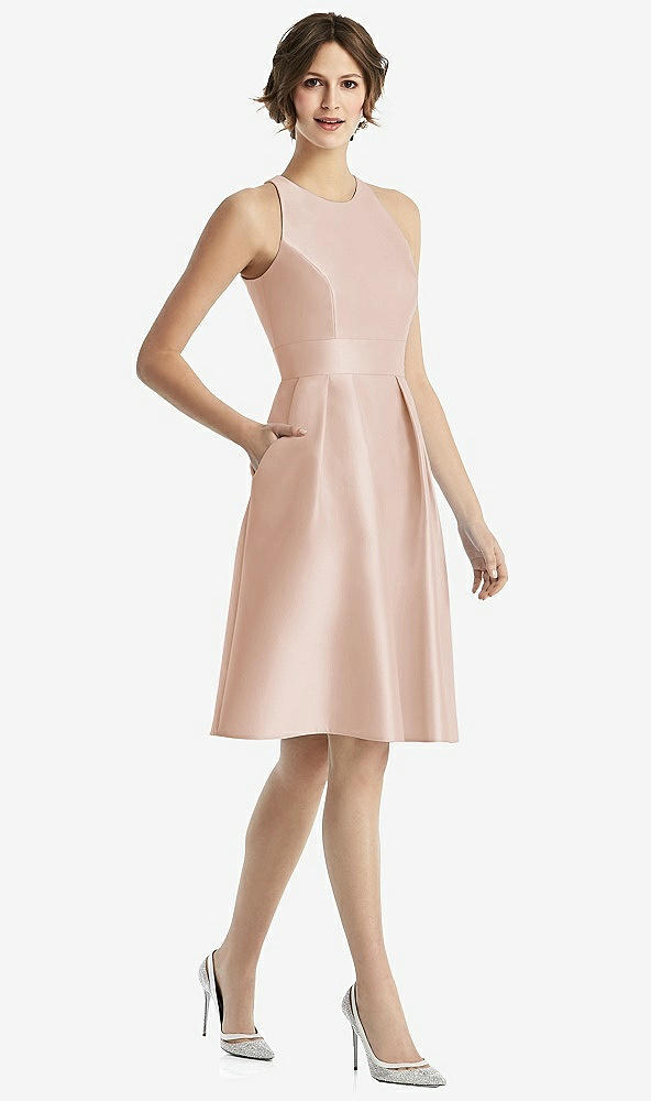 Front View - Cameo High-Neck Satin Cocktail Dress with Pockets
