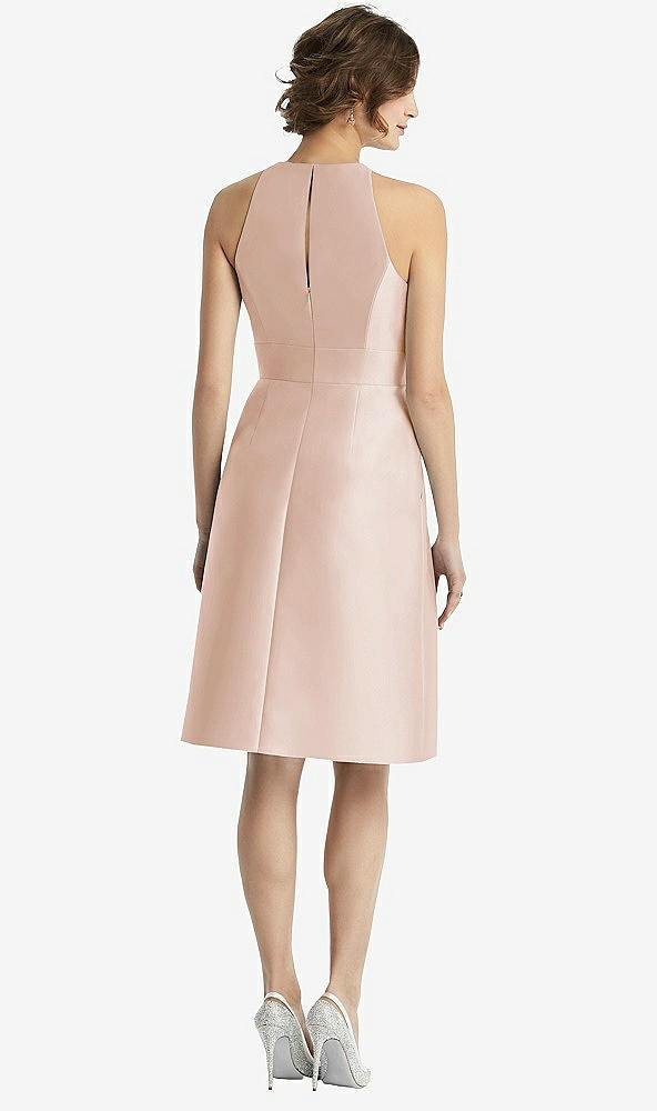 Back View - Cameo High-Neck Satin Cocktail Dress with Pockets