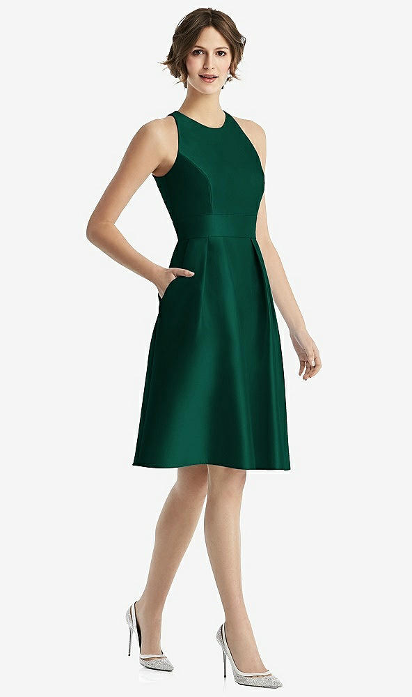 Front View - Hunter Green High-Neck Satin Cocktail Dress with Pockets