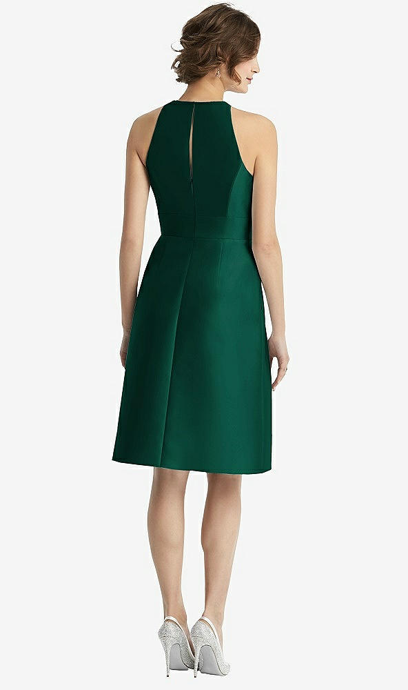 Back View - Hunter Green High-Neck Satin Cocktail Dress with Pockets