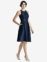 Front View Thumbnail - Midnight Navy High-Neck Satin Cocktail Dress with Pockets