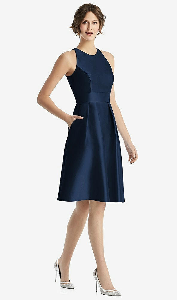 Front View - Midnight Navy High-Neck Satin Cocktail Dress with Pockets
