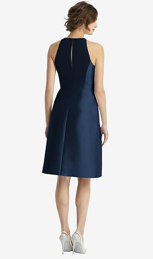 Back View - Midnight Navy High-Neck Satin Cocktail Dress with Pockets