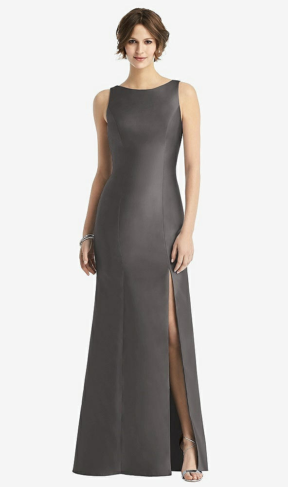 Front View - Caviar Gray Sleeveless Satin Trumpet Gown with Bow at Open-Back