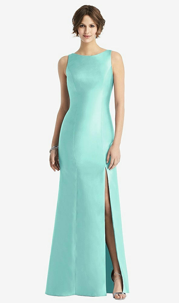 Front View - Coastal Sleeveless Satin Trumpet Gown with Bow at Open-Back