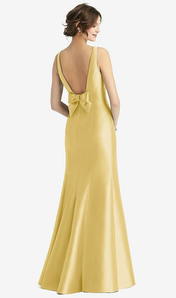 Back View - Maize Sleeveless Satin Trumpet Gown with Bow at Open-Back