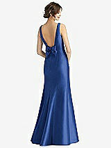 Rear View Thumbnail - Classic Blue Sleeveless Satin Trumpet Gown with Bow at Open-Back